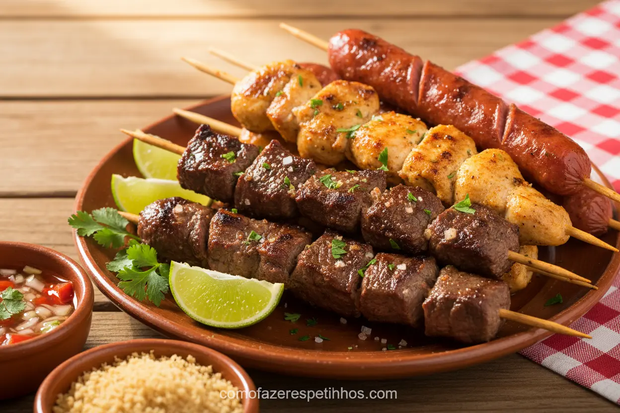 Espetinhos Clássicos no Ponto Espetinhos de carne, frango e linguiça grelhados.