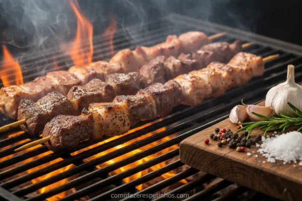 Espetinhos de carne na grelha com os melhores temperos