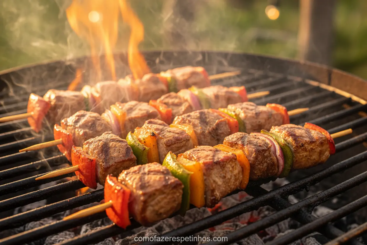 Espetinhos de carne de javali na churrasqueira