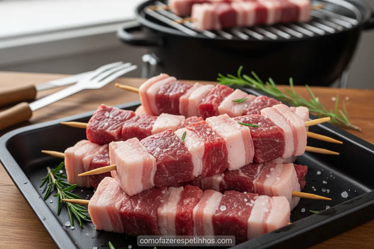 Montagem de espetinhos de picanha