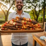 Pessoa feliz vendendo espetinhos lucrativos