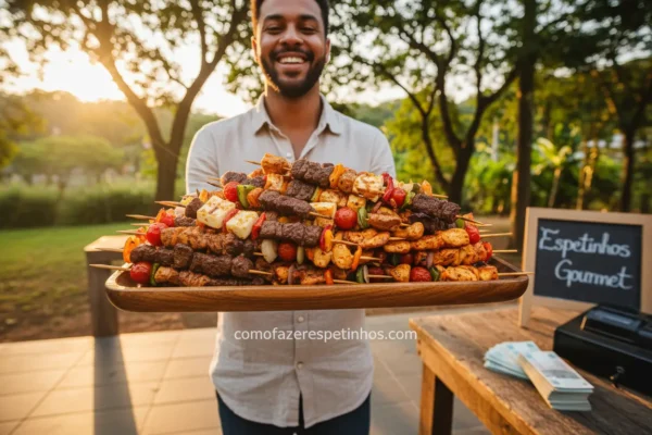 Pessoa feliz vendendo espetinhos lucrativos