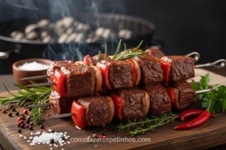 Marinadas para Espetinhos de Carne - O Sabor que Transforma seu Churrasco! 12 Espetinhos de carne marinados com temperos