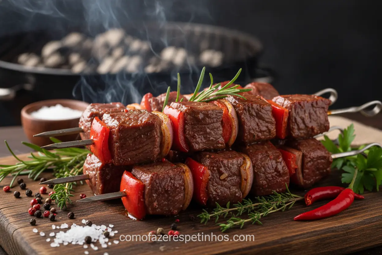 Espetinhos de carne marinados com temperos