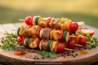 Espetinhos variados com os melhores temperos para espetinhos