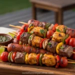 Espetinhos tira gosto variados em uma tábua de madeira.