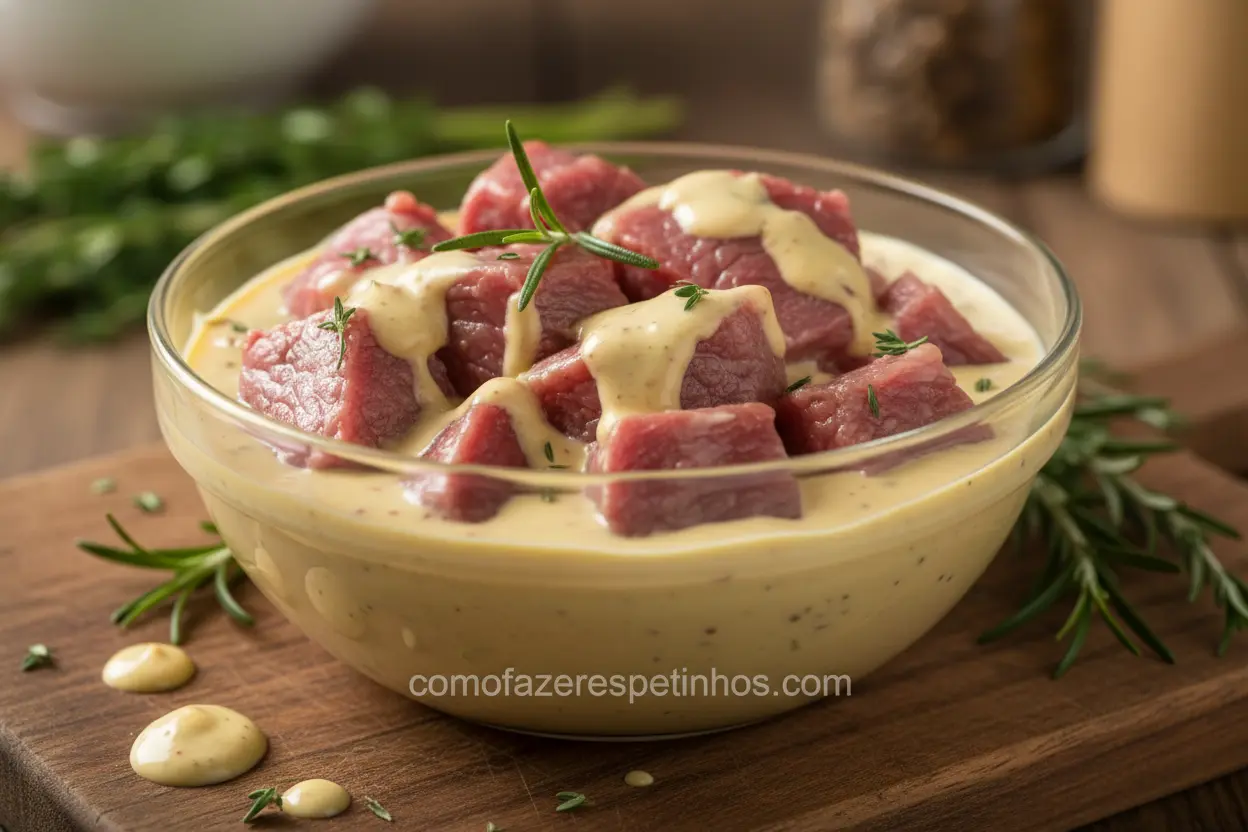 Carne de fraldinha marinando em mostarda