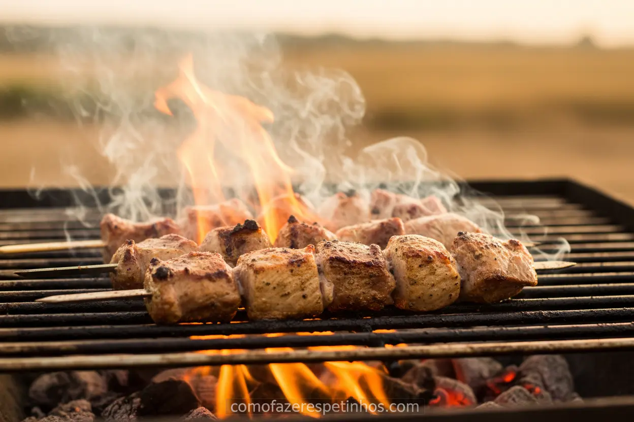 Carne de avestruz no espetinho grelhando