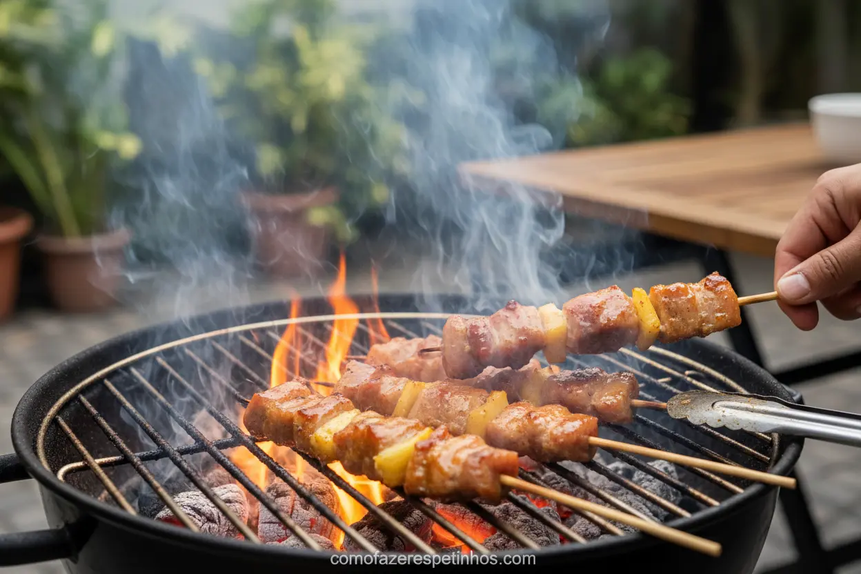 Espetinhos de lombo agridoce grelhando