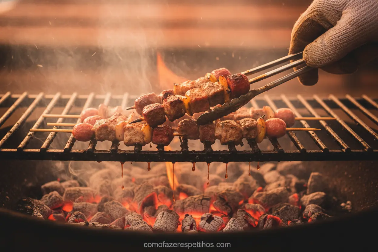 Mini espetinhos de sacanagem grelhando na churrasqueira.