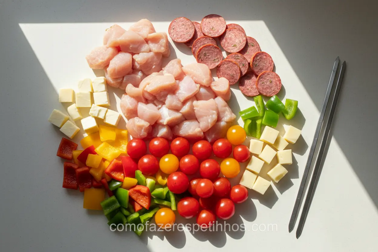 Ingredientes para mini espetinhos: frango, linguiça, tomate, pimentão.