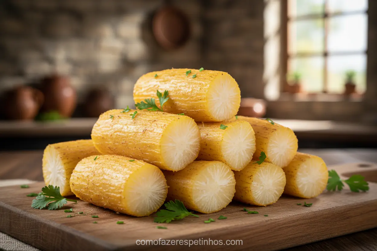 Mandioca cozida para espetinho