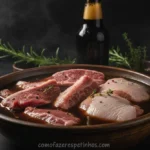 Carnes em marinada de cerveja preta para churrasco.