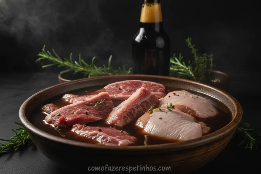 Carnes em marinada de cerveja preta para churrasco.