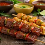 Espetinhos de carne e frango marinados para churrasco