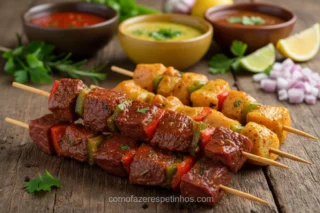 Marinadas para Espetinhos Suculentos - O Sabor que Transforma! 14 Espetinhos de carne e frango marinados para churrasco