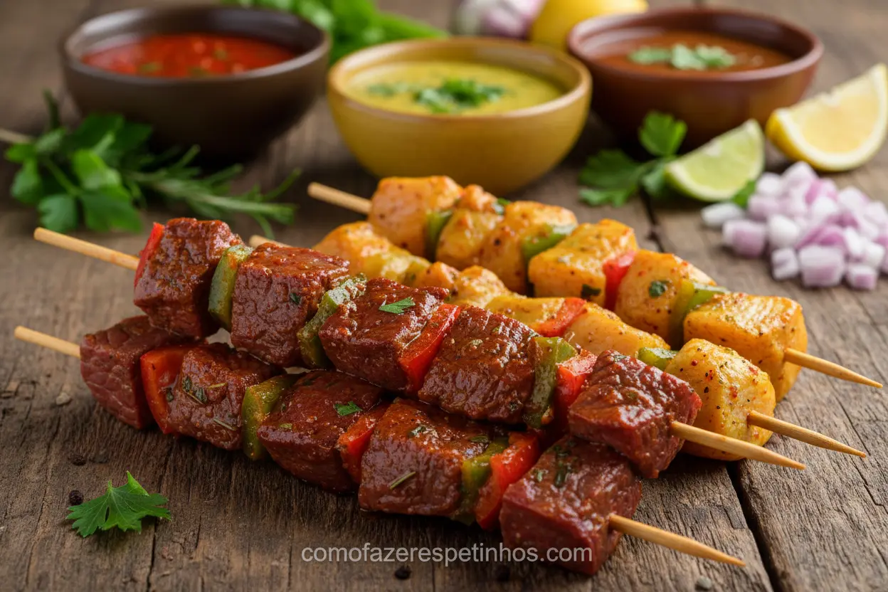 Espetinhos de carne e frango marinados para churrasco