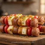 Bandeja de mini espetinho de sacanagem com frango, linguiça e queijo