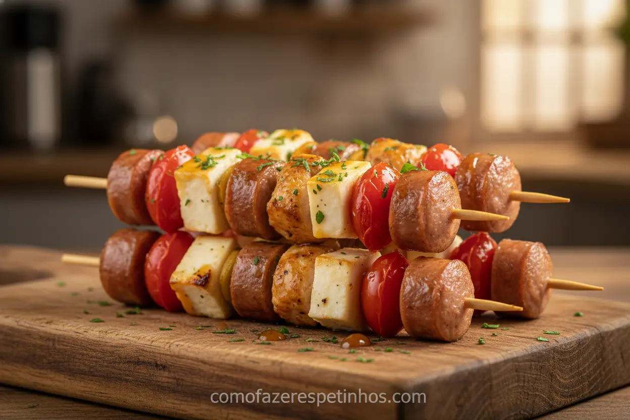 Bandeja de mini espetinho de sacanagem com frango, linguiça e queijo