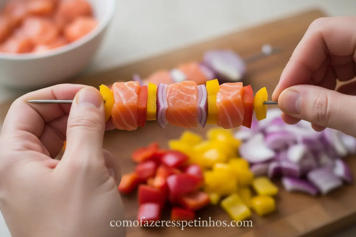 Montando espetinho de salmao grelhado com pimentões.