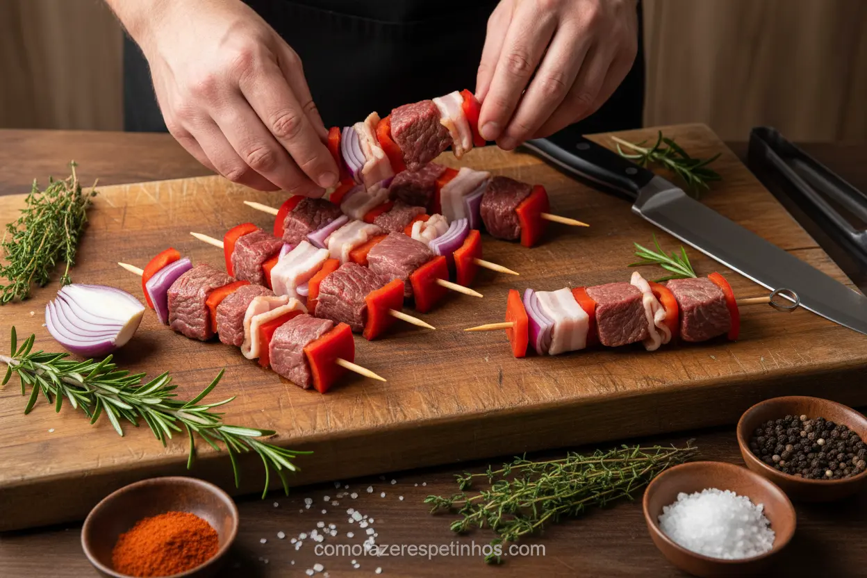 Espetinhos de carne e bacon