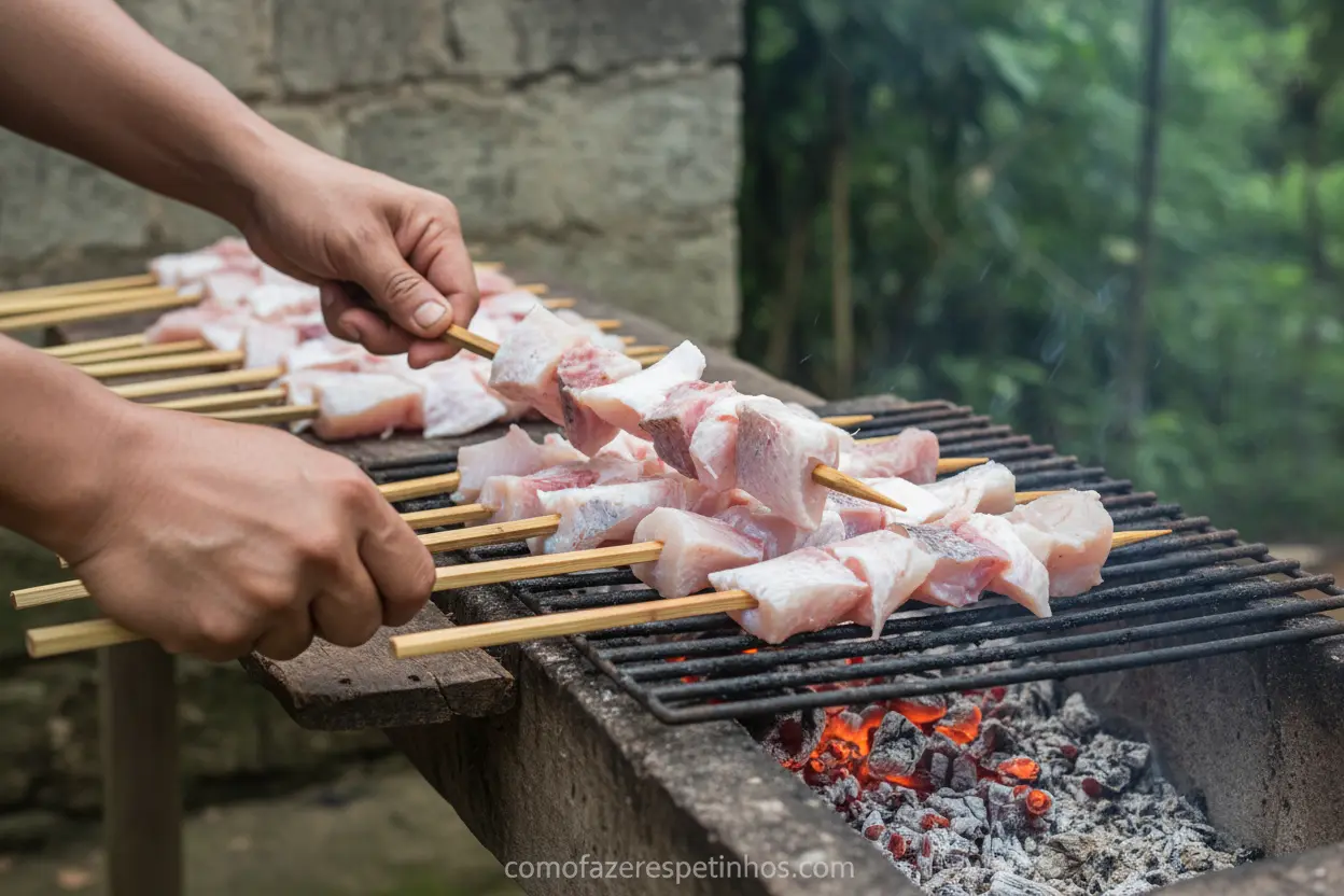 Montagem de pirarucu na brasa no espeto
