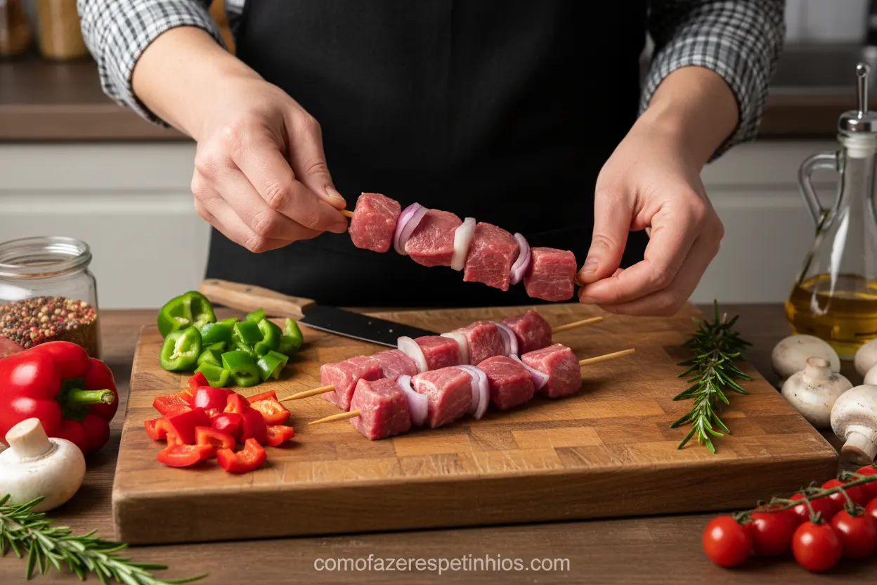 Montagem de espetinhos de carne e cebola