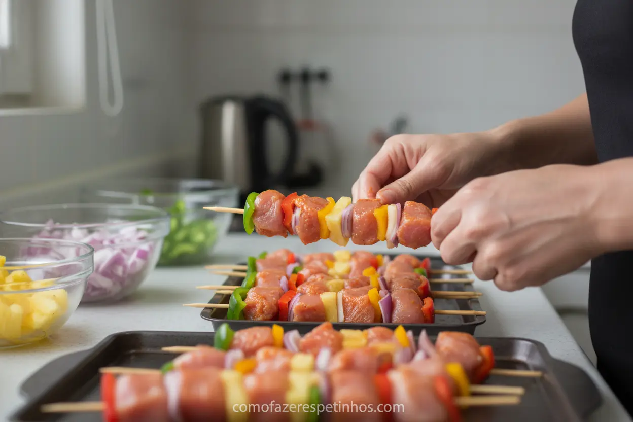 Montagem de espetinhos de peru