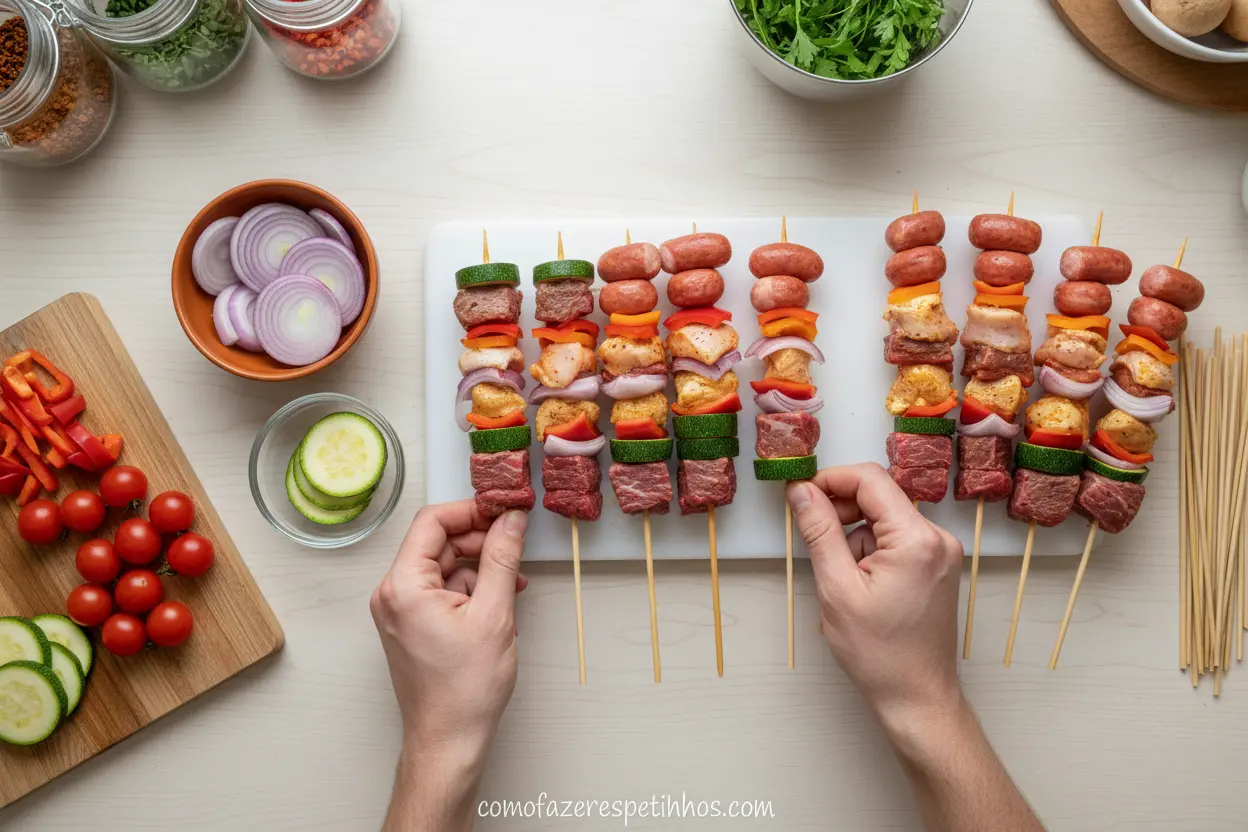 Montando Espetinhos Perfeitos Mãos montando espetinhos com diferentes ingredientes.