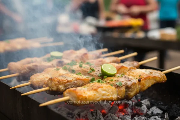 Espetinhos de pirarucu na brasa com limão
