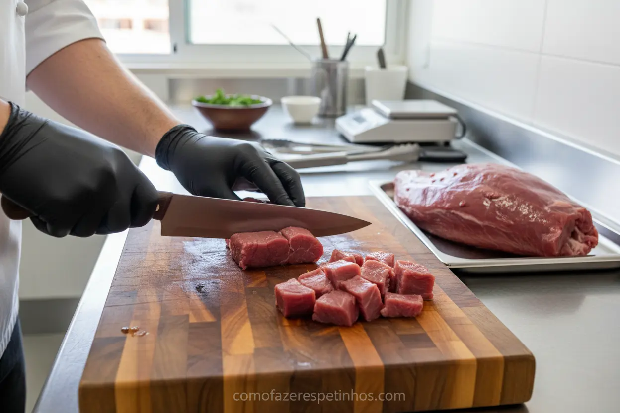 Mãos cortando carne de avestruz para espetinhos