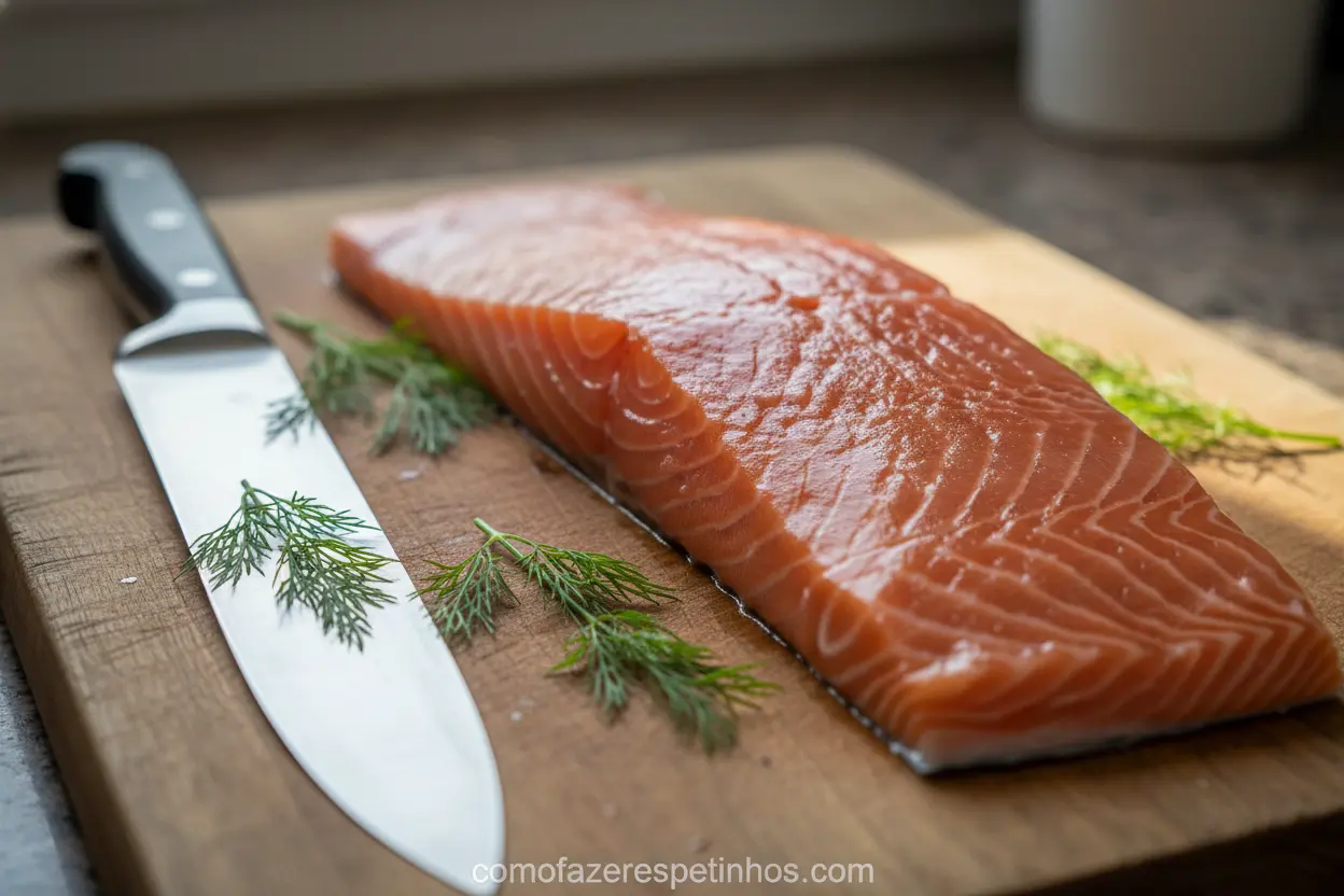 Lombo de salmão fresco sobre tábua de madeira.