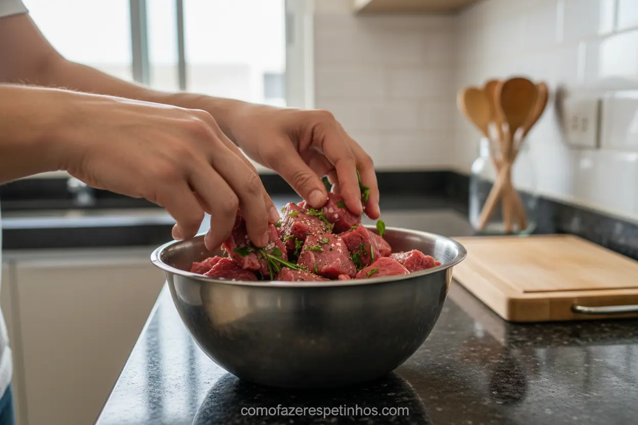 Mãos temperando cubos de miolo de alcatra para espetinho