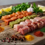 Variedade de temperos e espetinhos coloridos