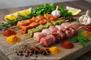 Variedade de temperos e espetinhos coloridos