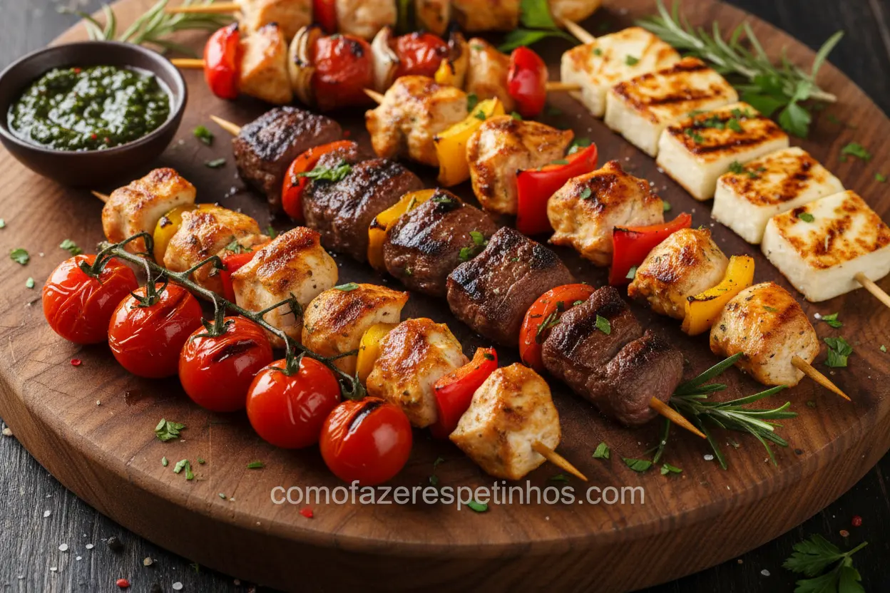 Espetinhos de carne, frango e queijo coalho