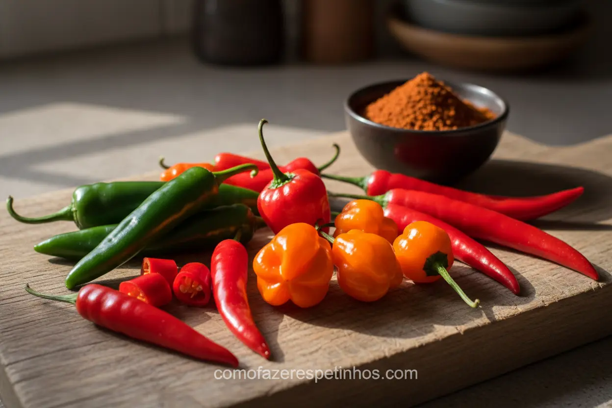 Diferentes tipos de pimentas para molho.