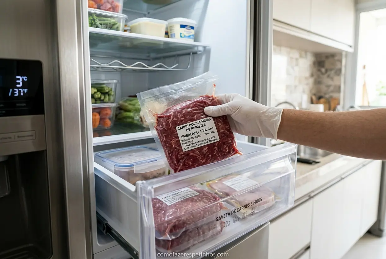 Mão colocando carne embalada a vácuo na geladeira