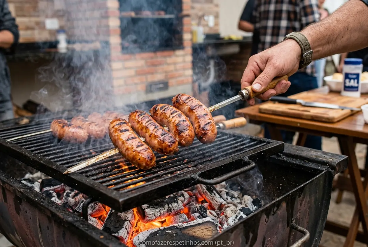 Assando Espetinho de Salsichão Espetinho de salsichão na brasa