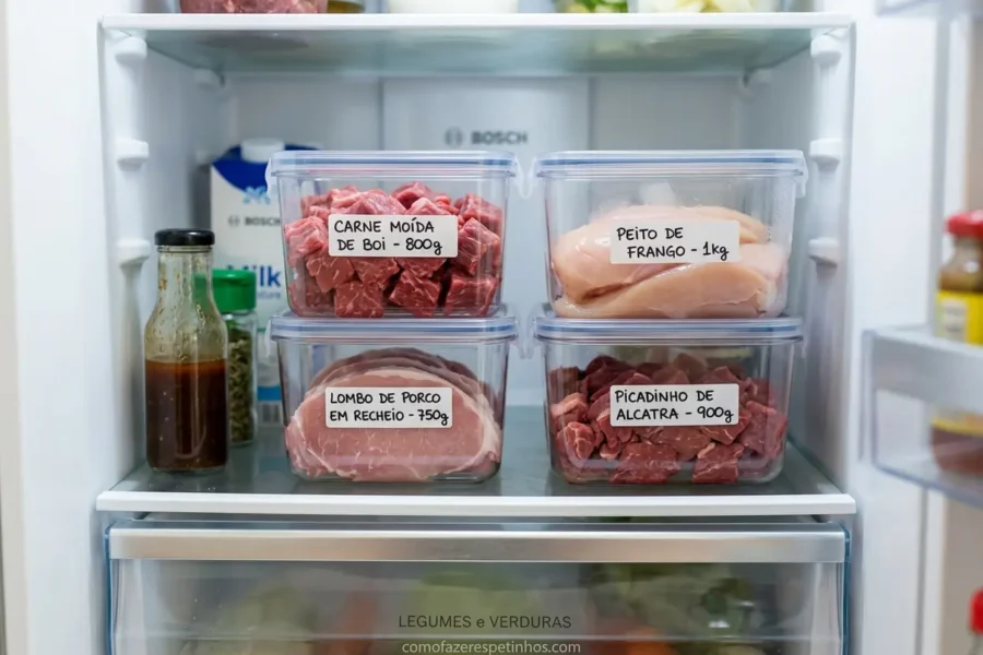 Variedade de carnes cruas em recipientes na geladeira