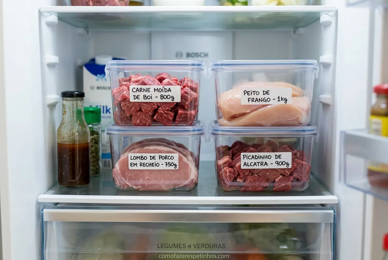 Variedade de carnes cruas em recipientes na geladeira