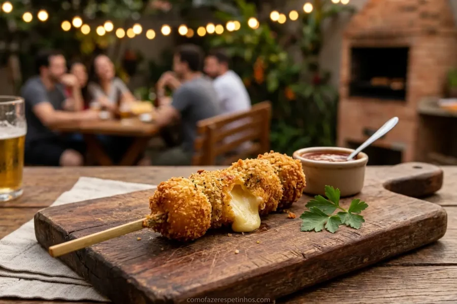 Espetinho de provolone à milanesa crocante e delicioso.