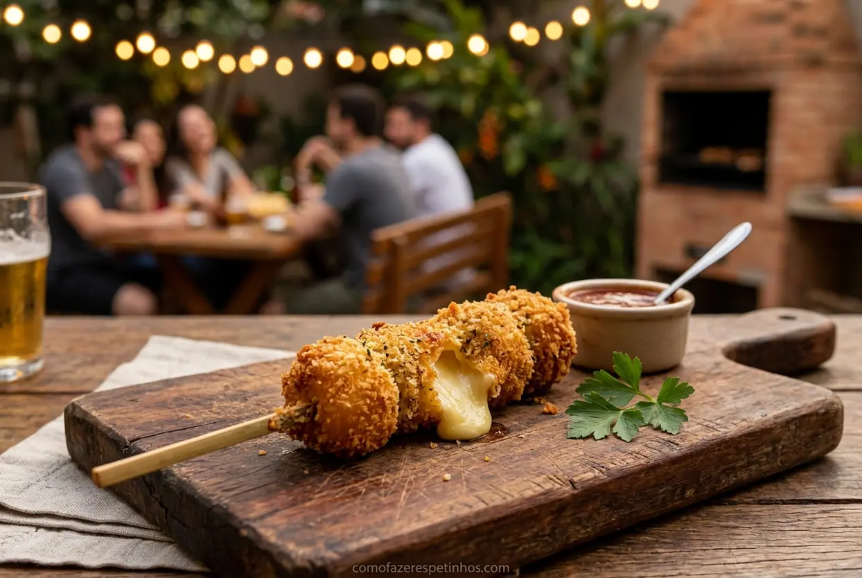 Espetinho de provolone à milanesa crocante e delicioso.
