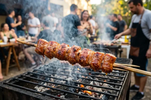 Espetinho de salsichão gaúcho assando na brasa