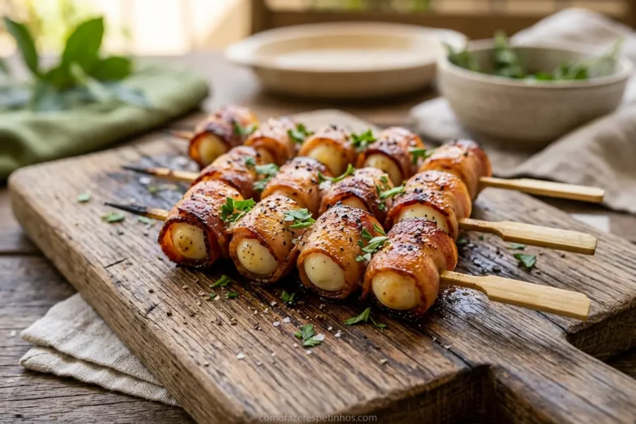 Espetinhos de ovo de codorna com bacon no palito em tábua de madeira