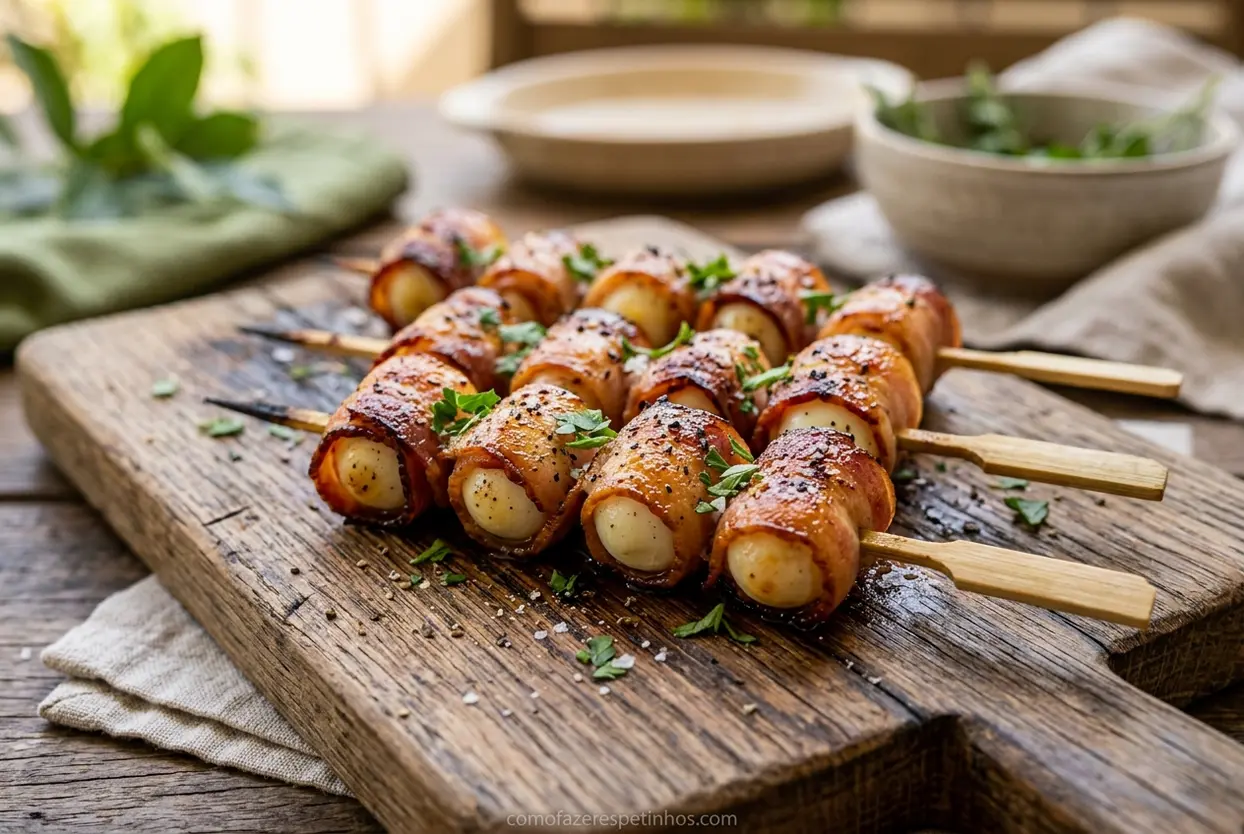 Espetinhos de ovo de codorna com bacon no palito em tábua de madeira