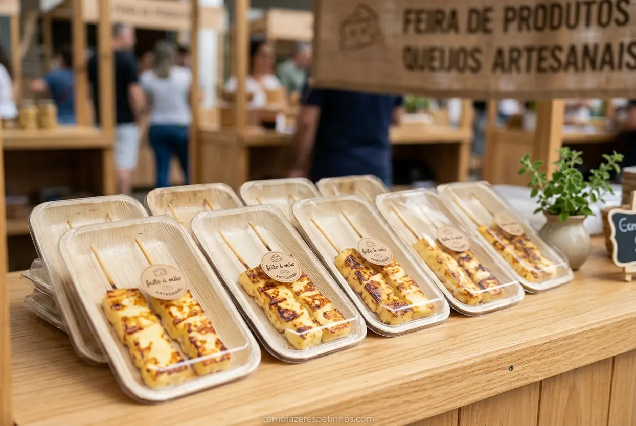 Espetinhos de Provolone para Venda Espetinhos de queijo provolone embalados para venda.