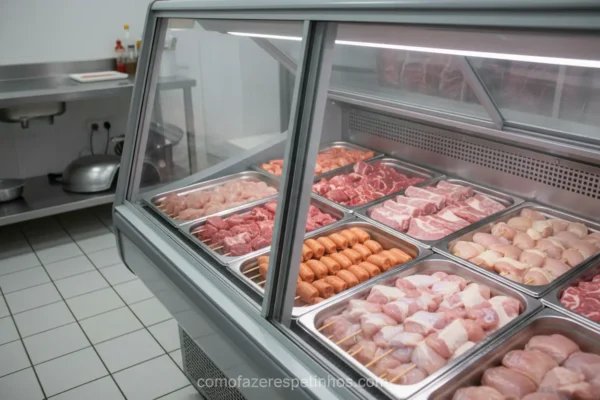 Geladeira expositora para carnes cruas com espetinhos