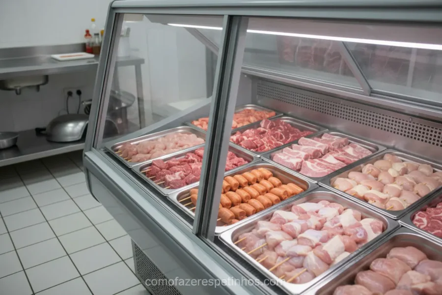 Geladeira expositora para carnes cruas com espetinhos