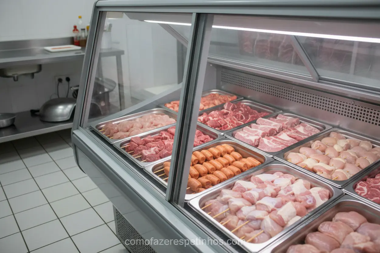 Geladeira expositora para carnes cruas com espetinhos